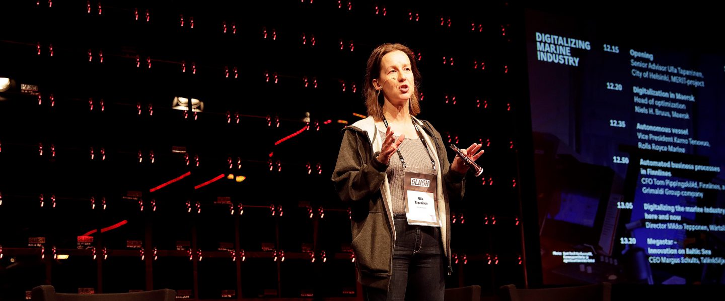 Ulla Tapaninen opening the Digitalizing Marine Industry seminar at Slush in 2016. Photo: Liisa Takala.